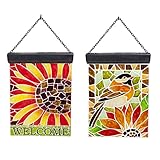 ソーラー光ガラスデザインポスト、Chickadee &ひまわり、Fauxモザイク、2 Assorted