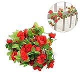 Seacan つるバラ 造花 2.3m インテリア 飾り 壁掛け 吊り下げ 観葉植物 ガーデニング 結婚式 お祝い 祭り 家庭装飾 窓装飾 パーティー グリーンホテル　 (レッド)