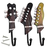 3のセット装飾壁フック – Ironフック、オリーブギター型フックのキー、帽子、コート、スカーフ、ブラウン