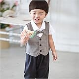 Maleden ベビー服 男の子 フォーマル 半袖 蝶ネクタイ付き ロンパース+ベスト 2点セット 紳士風 スーツ 結婚式 男の子用 子供服 セットアップ 70