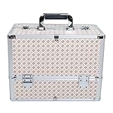 [プロ仕様]Hapilife メイクボックス トレイ付き プロ用 大容量 コスメボックス 化粧品収納 大型ボックス 菱形柄 ベージュ