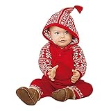 POTOJP クリスマス ロンパース 男女兼用 キッズ ベビー服 子供用 長袖 連体服 赤ちゃん 防寒着 タッセルフード付きロ 撮影 出産祝い 寝相アート 日常着 カバーオール (100, レッド)
