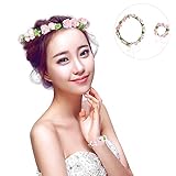 SUND　花冠　造花 花かんむり　花輪　シルクフラワー 調節可能 ブレスレット付き　森ガール　子供から成人まで被れる　春のピクニック　結婚式　パーティー　お祝い　適用　選べる5色　ピンク
