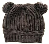 Plus Nao(プラスナオ) 子供用 帽子 ニット帽 ボンボン付き リブニット 手編み風 ニットキャップ 赤ちゃん ベビー シンプル 無地 冬帽子 - ブラウン