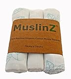 Muslinz Luxury Bamboo/Organic Cotton Muslin Squares (70 cm, White/Aqua Blue Leaf Print by Muslinz
