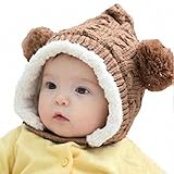 ベビー ダブルボンボン とんがり ニットキャップ  子供  冬 帽子  色選べる (ライトブラウン)