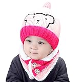 DreamYS 子供 帽子 ベビー ニットハット 手編み かわいい 赤ちゃん帽子 【2セット：帽子+スカーフ】やわらかい 肌さわりよく防寒保温 綿 キッズ 秋冬用 (ピンク)