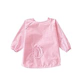 スモック 子供 長袖 食事用 エプロン チェック柄 防汚 防水 ケープ 赤ちゃん 幼稚園 保育園 (M, ピンク)