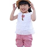 powerya　子供服　ガールズ　２点セット　ｔシャツ　ズボン　透かし彫り　裾レース　蝶結び飾り　チェック柄　綿　夏　超可愛い　2－7才　２色　3サイズ選択 (XL, レッド)
