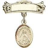ゴールドFilled Babyバッジwith our Lady of Olivesチャームとアーチ型光沢バッジピン7 / 8 x 3 / 4インチ