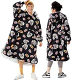 [Winthome] 2023増厚版 着る毛布 着るブランケット ゲーミング ルームウェア 二層生地 ボア付き 極厚 フード ポケット付き 部屋着 オーバーサイズ かいまき ガウン メンズ レディース 冬冷え対策 防寒 保温 M XLサイズ(ポップコーンと犬柄/ブラック, XL)