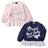 (ピンク/95cm)ベビー服 女の子 Tシャツ 長袖 Dolly Ribbon ドーリーリボン 裾レースフリル リボン ラメロゴプリント 女児 ベビー