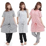 クロスプラス　春夏　マタニティ 天竺ボーダー 半袖パジャマ（授乳口付）産前・産後 (L, 黒)