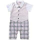 Trendsgal® ベビーロンパース 半袖 チェック　赤ちゃんカバーオール 新生児 長袖 春秋着 子供服 蝶ネクタイ キッズ フォーマル 男の子 出産祝い 写真撮影 カーキー　95