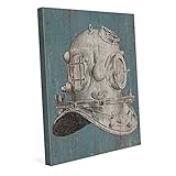 ヴィンテージVictorian Dive ScubaヘルメットDistressedライン図面でブルーに白壁アートプリント 8x10 BHS0000068CAN08X10SXX