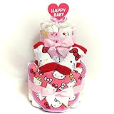 a15 おむつケーキ２段　女の子ハローキティのスタイ＆ベビーソックス　サンリオキャラクター　キティちゃん　オムツケーキ出産祝い