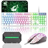 ゲーミングキーボード LED有線 メンブレン ゲーミングキーボードとマウスセット マルチメディア 日本語配列 虹色LEDバックライト 19キー防衝突 PC ゲームやオフィスに最適 マウスパッド コンバーター付き PS4/スイッチに対応可能(White)