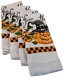 (Pumpkin With Checkerboard Trim) - Halloween Kitchen Towels - Pack of 4 100% Cotton Dish Towels (Pum
