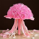 全6色 ウェディング 花嫁 ブーケ ブライダル バラ ラインストーン レース リボン 造花 花束 ラウンドブーケ 結婚式 二次会 撮影 ピンク