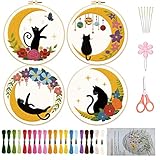 ORIGACH 月 黒猫 花輪 刺繍スターターキット 初心者用 練習キット 刺繍布 刺繍フープ 糸 針が含まれています ギフト 図案付き 説明書付き