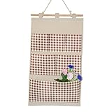 Starsource Lined /コットン生地6ポケット壁ドアクローゼットHangingストレージバッグオーガナイザーwith木製ハンガー、ドット/正方形,ブルー ブラウン TR-BA-123-G