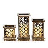 Set of 3 Flameless Bronze Wood Moroccan Lanterns with Water Resistant Ivory Candles and Warm White L