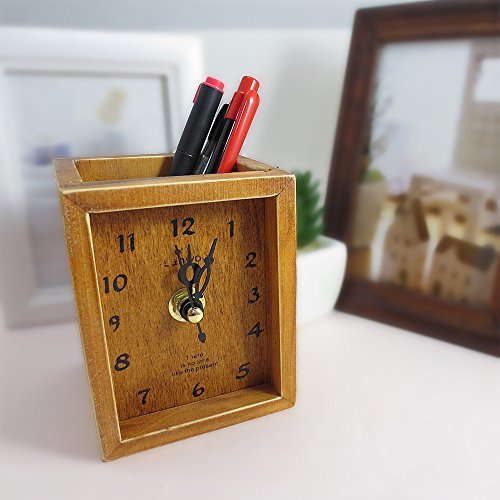 モノジー Monozy 木製 時計 付き ペン立て アンティーク 卓上 ペンスタンド 便利 雑貨 卓上時計 おしゃれ オフィス 卓上収納 ボックス 多機能 事務用品 文具百貨