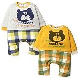 (グレー/70cm)ベビー服 男の子 カバーオール 長袖 裏起毛 重ね着風 チェック切替 クマプリント スナップボタン 男児 ベビー