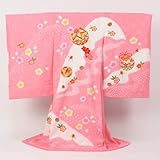 日本製正絹手絞り「刺繍使いピンクにまりと花」お宮参り 着物 女児 祝着*