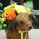 子犬のバスケットに季節のお花をセット 誕生日や開店、退職・送別などのお祝いにフラワーアレンジメント ギフト　黄色オレンジ系（オリジナルデザイン）