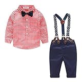FEVON セットアップ　子供服　ベビー　ボーイズ　男の子　シャツとサロペット　パンツ　長袖　春　秋　2点セット　チェック柄　リボン　ボウタイ　フォーマル　蝶ネクタイ　ベビー服　赤ちゃん　キッズ服　入