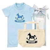 出産祝い 名入れ ギフトセット / ショート ロンパース & トートバッグ [GP390] 80cm [Rom]ライトブルー×ブルーロゴ 出産祝い 誕生日 プレゼント おしゃれな 名前入り ギフト