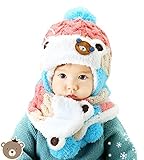 ベビー キッズ ボア ニット 帽子 耳あて付き マフラー 2点セット ポンポン もこもこ かわいい 防寒 (ピンク）