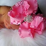 【ベビーヘアバンド】真ん中にスワロフスキーがついたゴージャスなダブルリボンの派手カワヘアバンド【ピンク】★ベビーにはヘアバンドで、お姉ちゃんになったらヘアクリップピンでアレンジ
