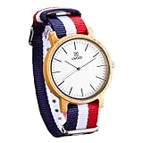 (Wooden Watch)ウッドウォッチ 2016新しい木製腕時計 ダブルストライプ ナイロンバンド アナログ表示　天然木 手作り 人気プレゼント 生活防水機能 専用ボックス 環境に優しい ファッシ