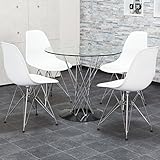 【ダイニングテーブルセット 4人用】洗練されたデザイナーズ ダイニング5点セット ★イームズチェアDSR サイクロンテーブル イサムノグチ 螺旋スチールフレーム リプロダクト テーブル：クリアガラス・チェア：ホワイト