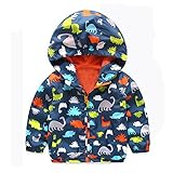 PANCY 子供服 春秋冬 防風 コート フード付き パーカ 立て襟 風抜け 可愛い 恐竜柄 男の子 女の子(120cm,ネイビー)