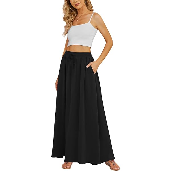 HAEOF Women's High Waist Maxi Skirt With High Slit - Lightweight Rayon Boho Skirt For Summer, With Pockets