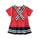 セーラー服 チュチュスカート プリーツスカート 半袖Tシャツ 夏 海軍風 制服 上下セット 桜桃 星 英字刺繍 1~3歳 レッド73cm