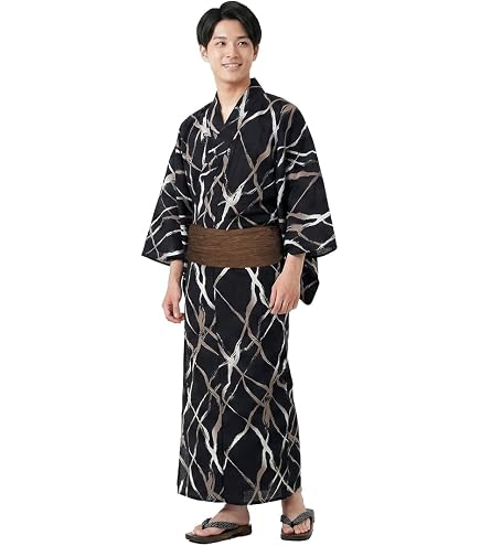 Amazon.co.jp: 浴衣 綿麻 粋な夏着物 菊柄 黒 半幅帯 カラシ 2点