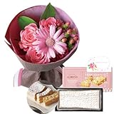 花とスイーツ ギフトセット かわいい ピンク バラ ミックス花束 と アマンド　六本木フィーユ 写真入り・名入れメッセージカード