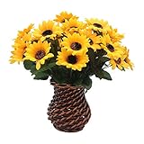 Velener Artificial Silk Daisy Sunflowers Arrangements with Rattan Vase for Home Decor (5 Sets 7 Stem