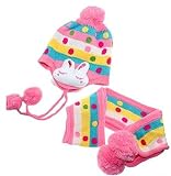 かわいい ウサギ 付き 耳 まで あったか ベビー キッズ ニット帽 マフラー セット (4.ピンク)