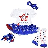 [キッズコーナー] アメリカの独立記念日 USA Stars Memorial Day ベビー服 レッグウォーマー ＆ 靴下 & ヘアバンド付き ワンピースドレス チュチュ (White, 0-3 M