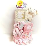 17003 おむつケーキ３段　女の子　姫系ウサギちゃん　フォトフレームとベビー玩具　オムツケーキ　出産祝い