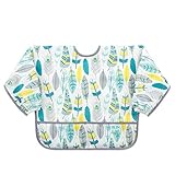 Bumkins バンキンス 油が落ちるスリーブビブ【日本正規品】柔らかくて軽量 洗濯機で洗えてすぐ乾く お食事用防水ビブ 長袖タイプ 6~24ヶ月 Feathers(ホワイト) ベルクロタイプ SUV