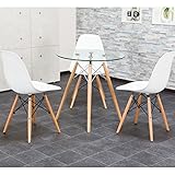 【ダイニングテーブルセット 3人用】洗練されたデザイナーズ ダイニング4点セット ★イームズチェアDSW オリジナルテーブル 木脚 丸テーブル リプロダクト チェア：ホワイト・テーブル：ガラス