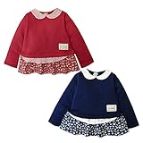 (レッド/90cm)ベビー服 女の子 トレーナー 長袖 裏パイル起毛 ワッペン 裾フリル レース装飾 レース襟 花柄切替 女児 ベビー