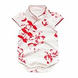 [白/赤い花]コットンベビーロンパース中国のチャイナ夏の女の赤ちゃんボディスーツ ベビー ロンパース 赤ちゃん ボディ スーツ