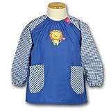 子供用 幼児用 キッズ用 スモック 無地 袖はギンガムチェック 幼稚園 保育園 男の子 女の子 (110, ライオン・青)